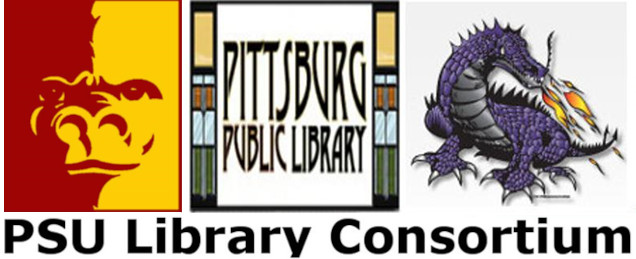 PSU Library Consortium logo; PSU, Pittsburg Public Library, Pittsburg School Libraries